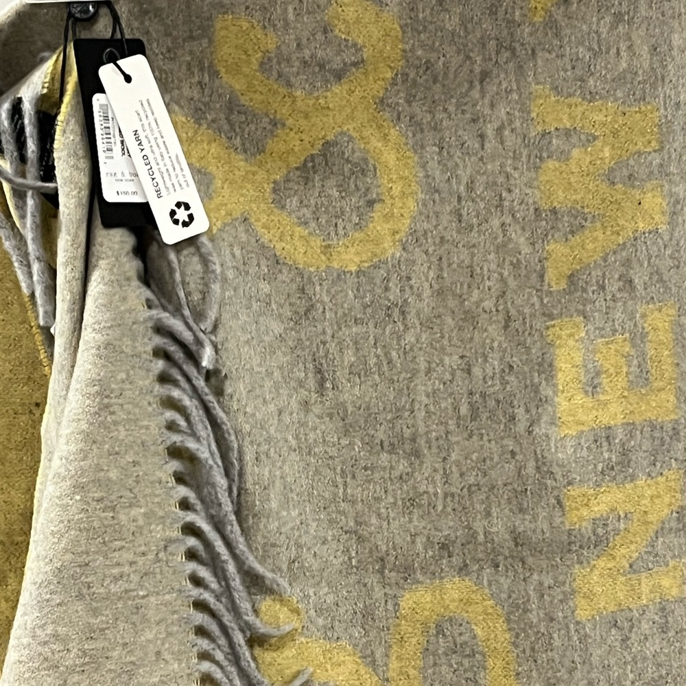 RAG & BONE ADDISON NWT AUTHENTIC SKINNY GREY/YELLOW RECYCLED WOOL SCARF/…